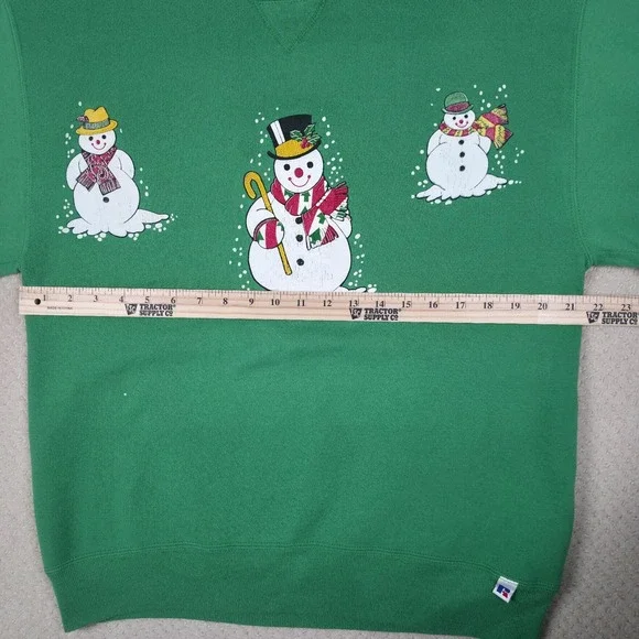 VTG 90s Russell Athletic Sweatshirt Large Women Green Snowman Christmas Holidays - Picture 9 of 12